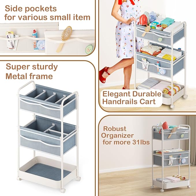 Baby Diaper Caddy, Premium Metal& Felt Movable Cart with Dividers for Newborn Nursery Essentials, Large Capacity Rolling Diaper Storage Caddy Organizer for Changing Table &Crib, Easy Assembly- Gray