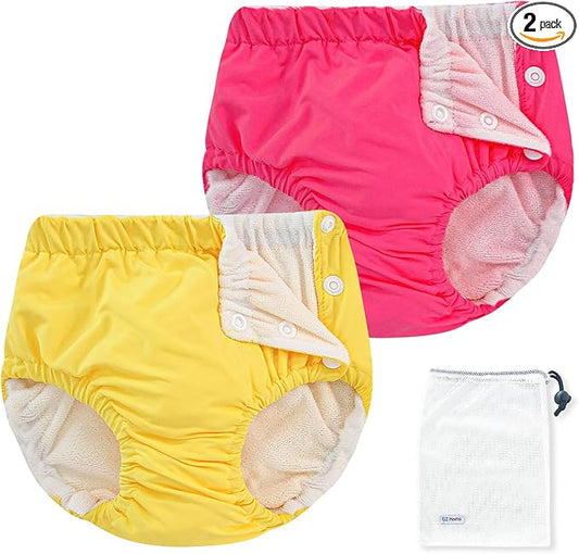 EZ Moms 2 Packs Reusable Swim Diapers Toddler Baby Swim Diaper Size 4 Washable Snap Pool Swimming Diaper 4T Soft and Silky Waterproof Diapers for Swimming Lessons Boys and Girls with a Laundry Bag