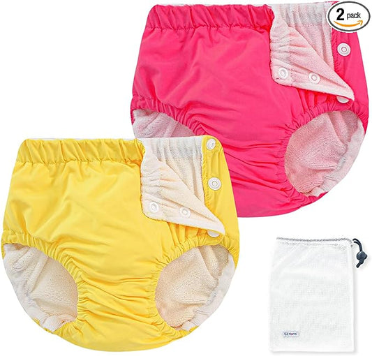 EZ Moms 2 Packs Reusable Swim Diapers Infant Baby Swim Diapers 6-9 Months Washable Snap Pool Swimming Diaper 6-12 Months Newborn Water Diaper for Swimming Lessons Boys and Girls with a Laundry Bag