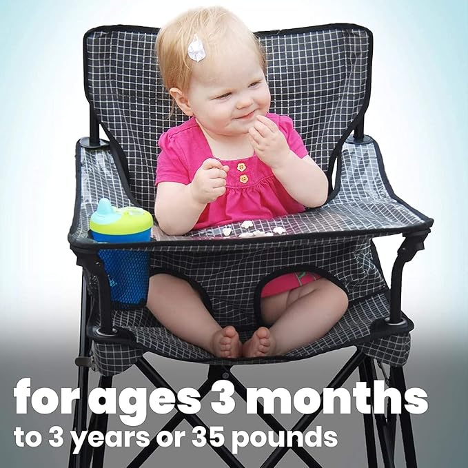 ciao! Baby Portable High Chair for Babies and Toddlers, Fold Up Outdoor Travel Seat with Tray and Carry Bag for Camping, Picnics, Beach Days, Sporting Events, and More (Black Check)