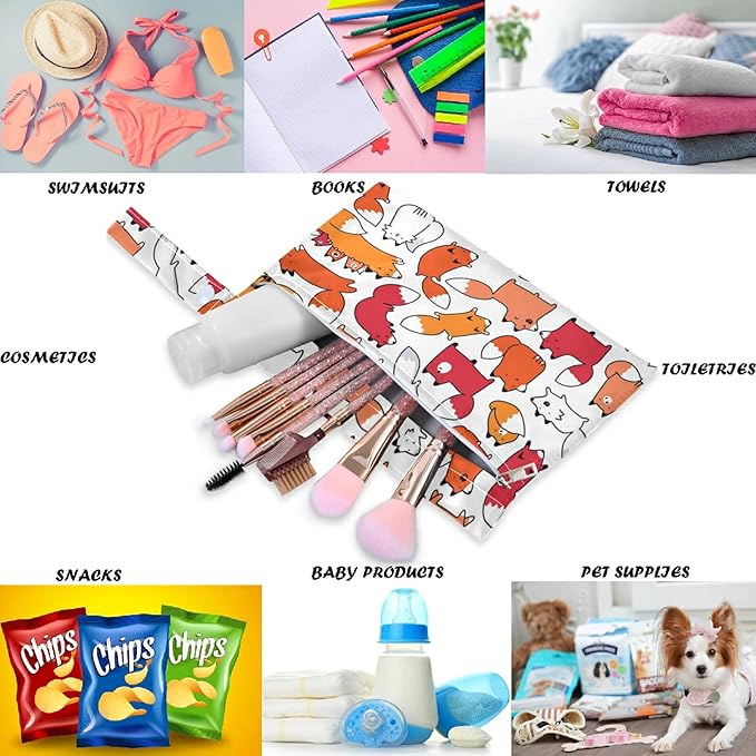 visesunny Funny Fox Animal 2Pcs Wet Bag with Zippered Pockets Washable Reusable Roomy Diaper Bag for Travel,Beach,Daycare,Stroller,Diapers,Dirty Gym Clothes,Wet Swimsuits,Toiletries