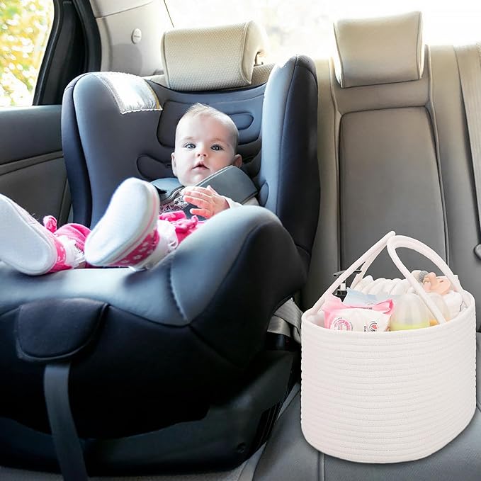 COMSE Large Baby Diaper Caddy Organizer for Girl Boy, Car Caddy with Handles, Cotton Rope Basket for Changing Table, Nursery Organizer, Gift for Baby Shower and Registry Must Have, White
