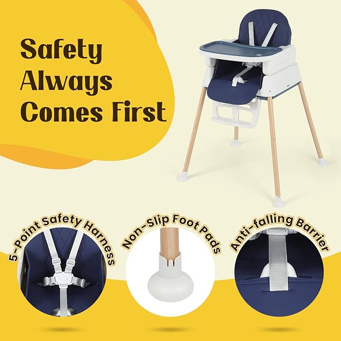 5-in-1 Baby High Chair, Convertible Booster & Play Chair, Portable Foldable Lightweight, Easy to Clean with Tray, for Babies Toddlers 6-36 Months, Blue