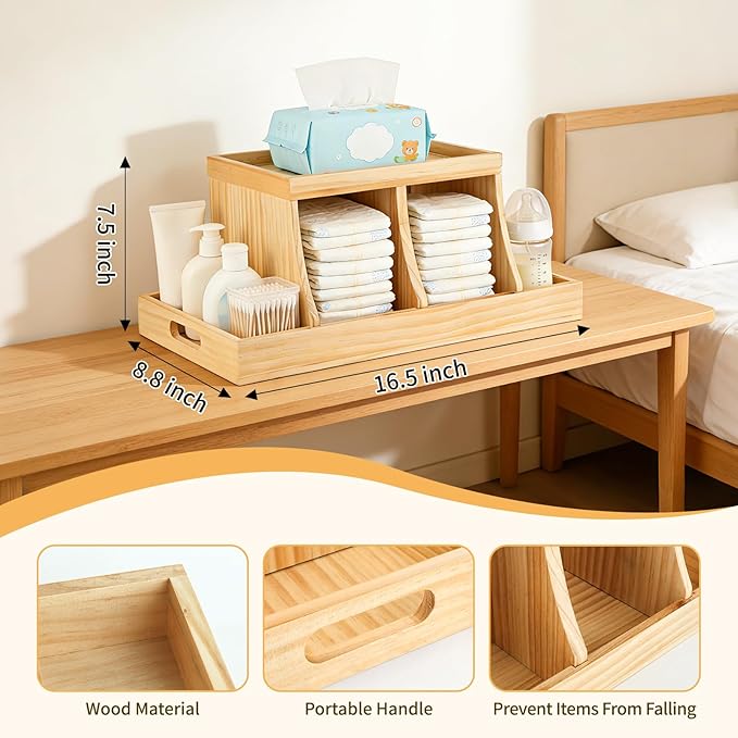 Three colors Diaper Organizer, Wooden Diaper Caddy Organizer, Changing Table Organizer, Diaper Storage Organizer, Nursery Baby Organization (Brown)