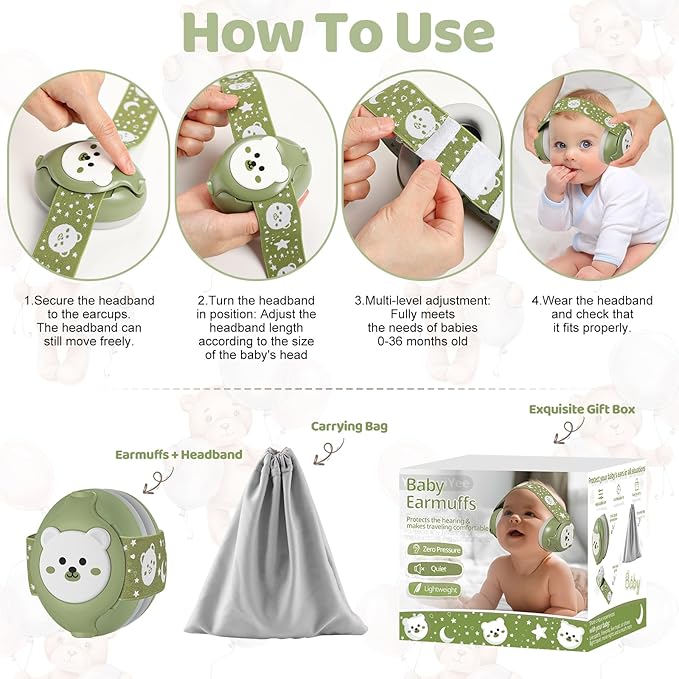 YomauiYee Baby Earmuffs-Infant Ear Protection for Babies 0-36 Months, 25dB NRR Baby Noise Cancelling Headphones with Little Bear Design,Baby Flight Essentials for Travel/Improves Sleep/Outdoor