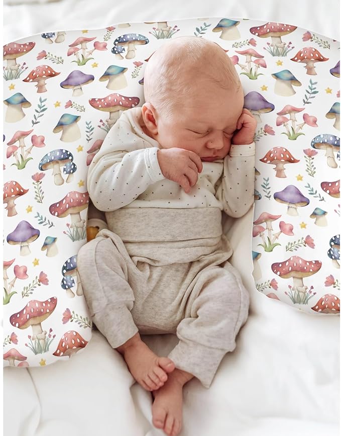 Fairytale Mushroom Baby Nursing Pillow Covers for Boy Girl Colorful Mushrooms Floral Leaves Nursing Pillowcase for Breastfeeding Pillows Magical Plant Soft Stretchy Slipcovers for Newborn Infant