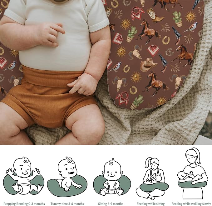 Western Cowboy Baby Nursing Pillow Covers for Boy Girl Vintage Horse Cowboy Boots Hat Cactus Goat Sun Nursery Pillowcase for Breastfeeding Pillows Wild West Soft Stretchy Slipcover for Newborn Infant