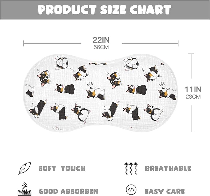 vvfelixl Muslin Burp Cloths Pembroke Welsh Corgi Tricolor Dog Seamless Pattern Baby Washcloths for Baby Girl Boys 2 Pack