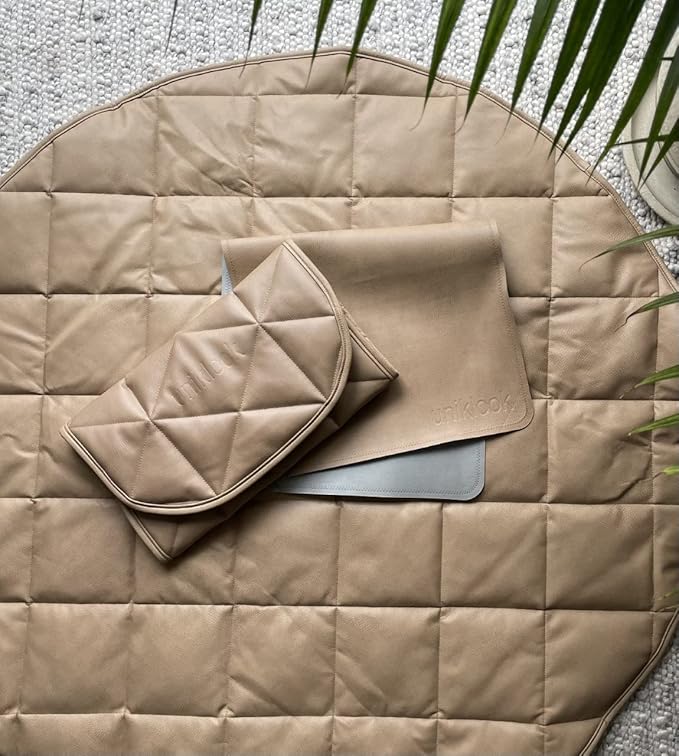 Quilted Padded Vegan Leather Portable Changing pad Mat | Play mat Baby Toddler Infant by Uniklook | Baby Diaper | Tummy Time Mat Crawling Play Time | Waterproof Baby Infant Floor Mat 16”x30” (Tan)