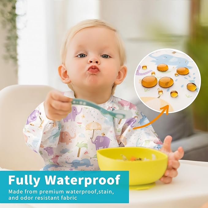 3 Pcs Long Sleeved Bib Set|Baby Waterproof Bibs with Pocket Bundle|Toddler Bib with Sleeves|Stain Resistance Smock 6-24 Month