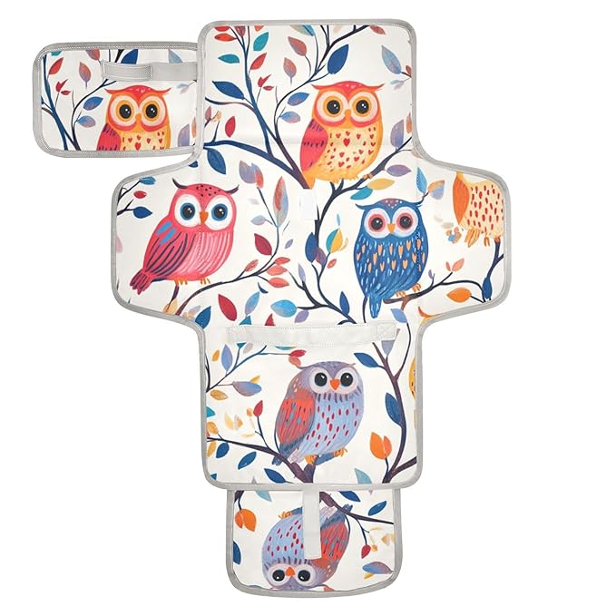 Portable Diaper Changing Pad Travel Baby Changing Mat Waterproof Diaper Changing Mat Foldable Lightweight Baby Changer with Built-in Pillow Cute Colorful Owls Branch Flowers