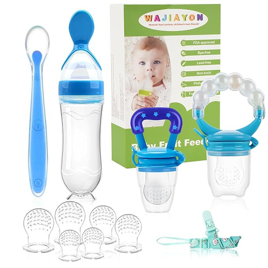 Baby Fruit Feeder Pacifier - 12 Pack | 2 Infant Food Feeder Pacifier & 1 Babies Food Dispensing Spoon | Fruit Teethers for Babies | Silicone Teether Feeder Baby,Infant Teething Feeders (Blue)