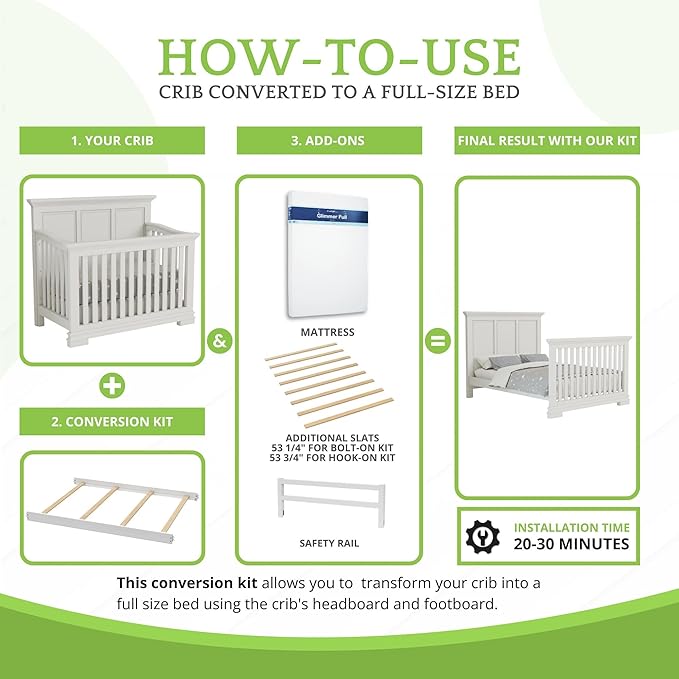 CC KITS Full-Size Conversion Kit Bed Rails Compatible with Simmons Kids Convertible Cribs by Delta Children - Solid Wood Rail - Toddler and Adult Bed Rail for Full-Size (White Ambiance, Hook-ON KIT)