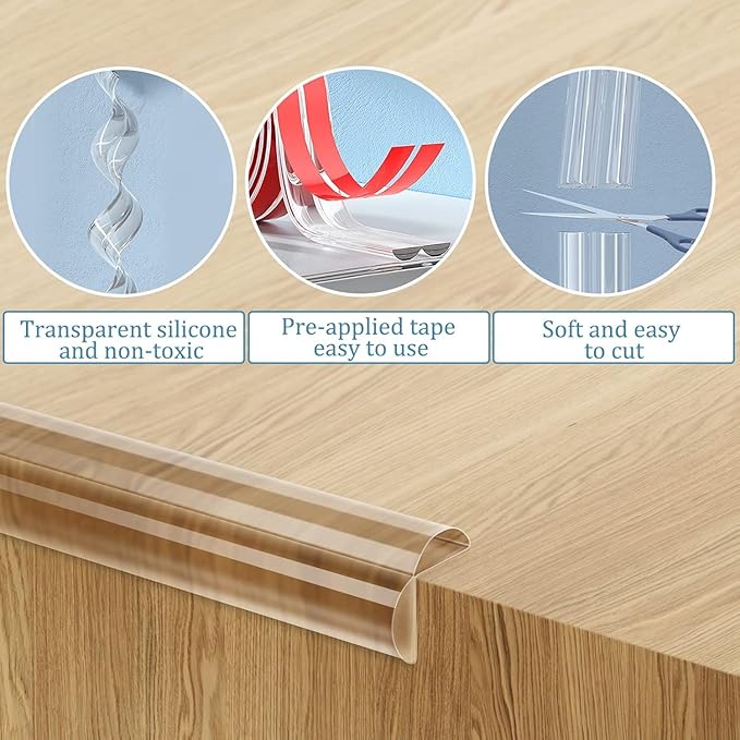 Baby Proofing Edge Protector [0.8" x 6.6FT] + 4 Corner Guards – Clear 3D Molding Silicone Furniture Bumper, Thicker Padding for Tables & Desks, Self-Adhesive, No-Residue, Child Safety Bump Strip