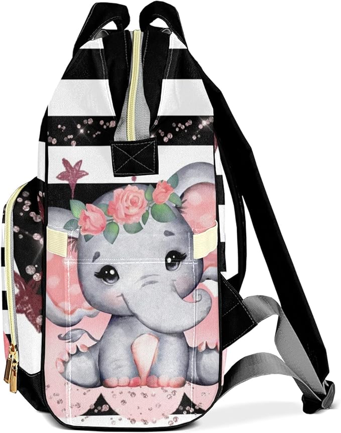 Elephant Cute Diaper Backpack with Name Custom Backpack Mommy Nappy Baby Bag Waterproof Casual Travel Daypack Tote Bag for Mom Dad 10.8"x7.8"x15.7"