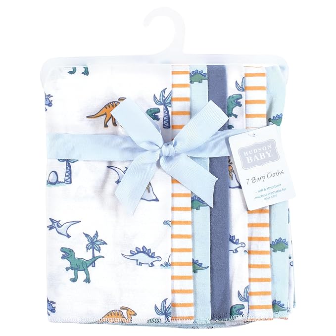 Hudson Baby Unisex Baby Cotton Flannel Burp Cloths 7-Pack, Pastel Dino, One Size