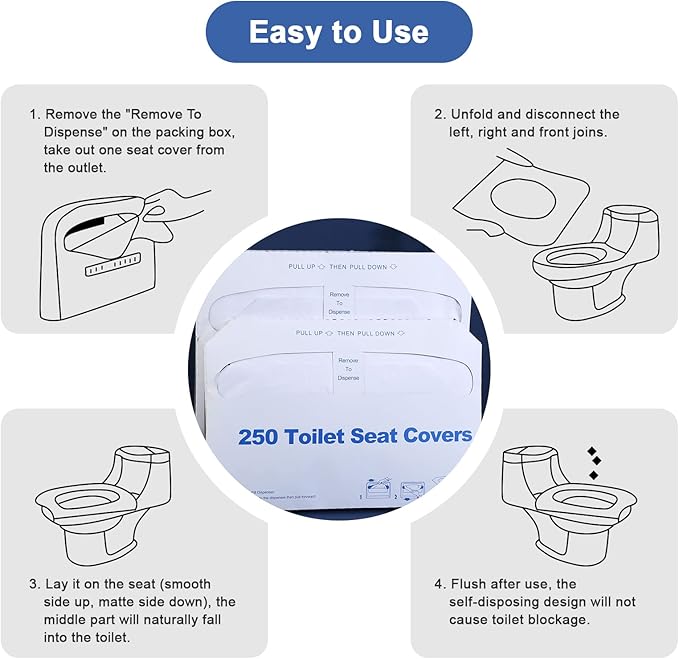 Toilet Seat Covers Disposable, 250 Pcs Flushable Disposable Toilet Seat Covers, Half-Fold Paper Toilet Liners for Travel, Airplane, Public Restrooms, Road Trips, Camping, Potty Training