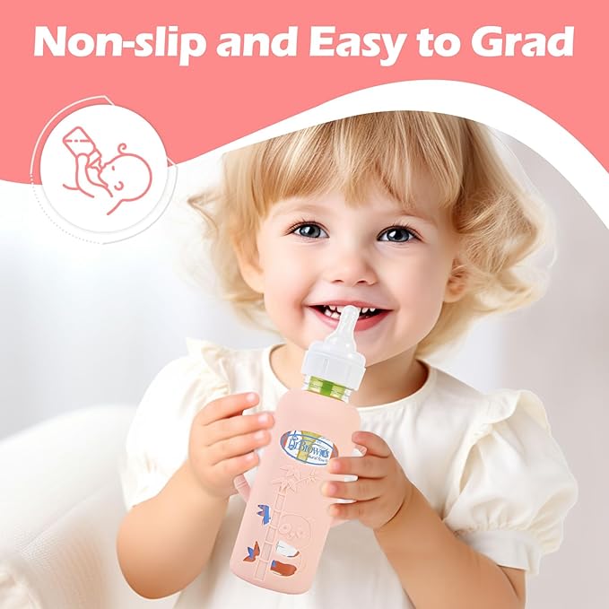 MINMUNJIU 3 Pack Silicone Sleeves for Dr. Brown's Glass Baby Bottles, Anti Breakage Baby Bottle Holder with Handles for Baby Girls, Compatible with Dr. Brown's Glass Baby Bottle, 8 oz/250 mL