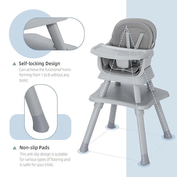 Baby High Chair, 8 in 1 Convertible Highchair, Booster Seat, Building Block/Activity Table, Stool, Feeding Chair with Dishwasher-Safe Tray, High Chairs for Babies and Toddlers (Gray)