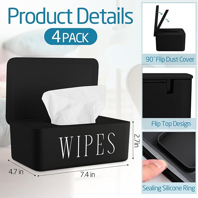 4 Pack Baby Wipes Dispenser Refillable Wipe Holder with Lid Toilet Wipes Container for Bathroom Tissue Paper Storage Box for Home Office (Black)