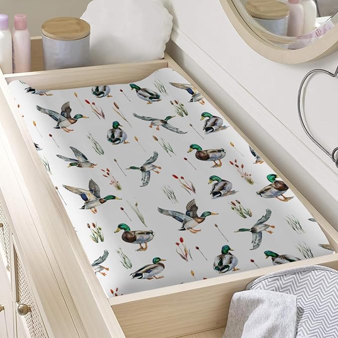 Watercolor Mallard Duck Hunting Changing Pad Covers Baby Duck Hunting Nursery Decor Diaper Change Pad Sheets for Boys Girls Wild Duck Leaves Soft Breathable Stretchy Changing Sheets Mats 32''x16''