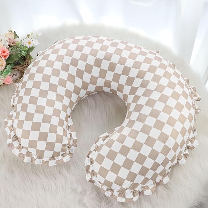 DILIMI Nursing Pillow Cover, Removable Ruffled Pillowcase for Breastfeeding Pillows, Ultra Soft Comfortable Slipcover for Baby Girl and Boy, Coffee Gingham