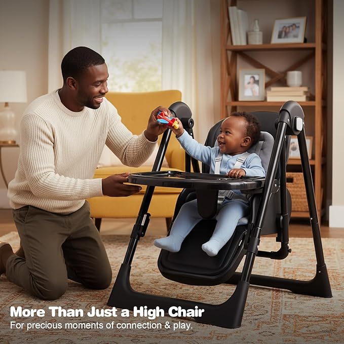 High Chairs for Babies and Toddlers Foldable High Chair Adjustable with Reclining Seat & Leg Rest, 3-in-1 Convertible Baby Rocker with Tool-Free Assembly (Black)