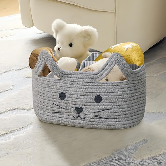 T&T Homewares Diaper Caddy Organizer, Cotton Rope Diaper Caddy Basket, Baby Shower Basket, Nursery Storage Bins, Newborn Caddie- Cat, Fox, Penguin (Grey Cat)