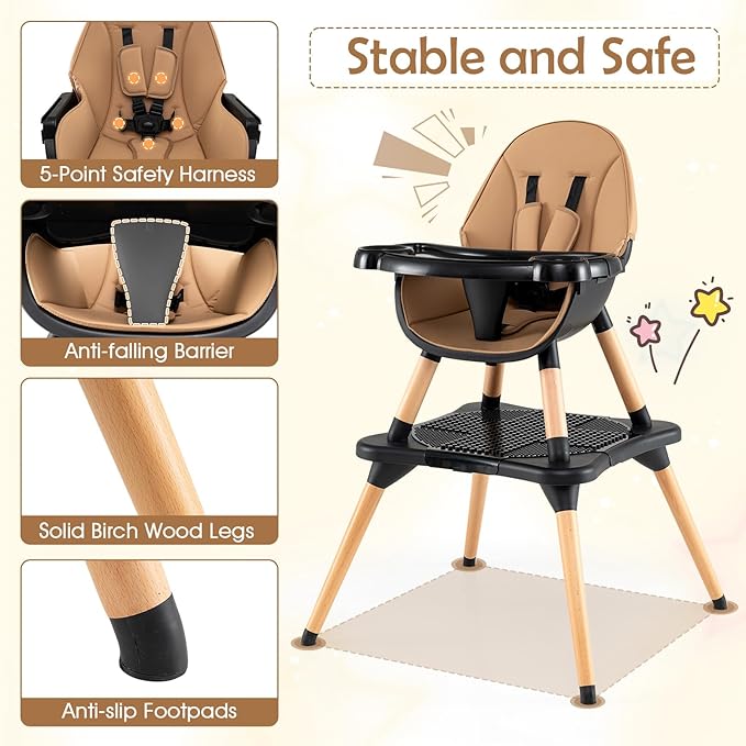 GLACER High Chair, 6-in-1 Convertible Wooden High Chairs for Babies and Toddlers w/Building Block Table, 5-Point Safety Harness, Removable Tray, PU Cushioned Baby High Chair for 6-36 Months (Coffee)
