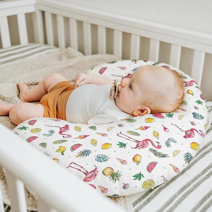 Pink Flamingo Tropical Flowers Leaves Baby Nursing Pillow Covers for Boy Girl Summer Birds Fruits Nursery Pillowcase for Breastfeeding Pillows Boho Beach Vacation Soft Stretchy Slipcovers for Newborn