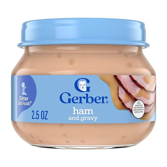 Gerber Stage 2 Baby Food, Ham and Gravy Jar, Baby Food Puree, Baby Mealtime, Baby Puree Jars Glass