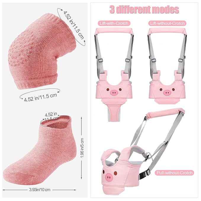 Xuniea Baby Walking Harness Breathable Handheld Baby Walker Assistant Belt Adjustable Toddler Walking Assistant with 4 Pairs Non-Slip Socks Grips 4 Pairs Baby Knee Pads for Crawling, 7-24 Months