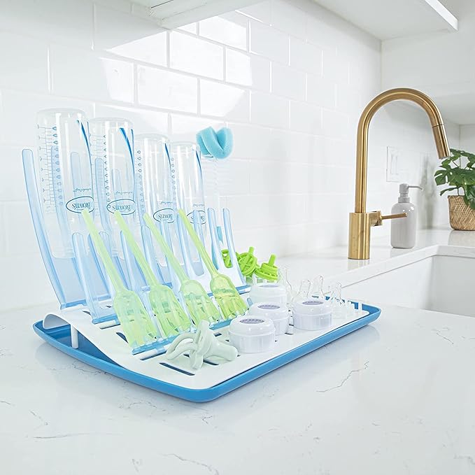 Dr. Brown's Universal Baby Bottle and Accessory Drying Rack with Reusable Sponge Baby Bottle Cleaning Brush Set and Anti-Colic Options+ Baby Bottles 8 oz, 0m+ Level 1 Nipple, 4 Pack