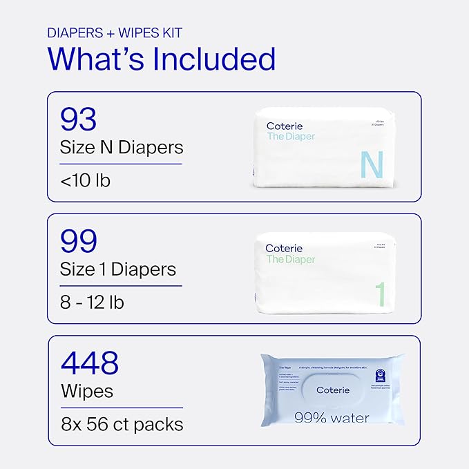Coterie Baby Wipes + Diapers Kit, Size 1 (99 Count) & Size Newborn Diapers (93 Count), 8 Pack (448) Baby Wipes with 99% Water, Plant Based Materials, Hypoallergenic for Sensitive Skin