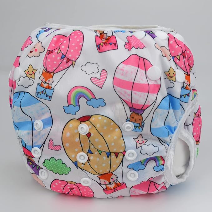 Baby Swim Diaper Nappy Pants Reusable Adjustable 0-3 Years Old Toddler Small Large (Large, Hot Air Balloons Animals)