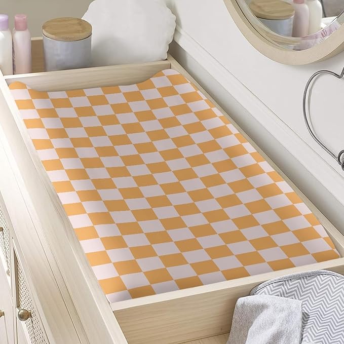 Orange Checkered Changing Pad Cover for Baby Girls Boys Cartoon Breathable Diaper Change Table Sheet Soft Stretchy Cute Change Table Mat Cover Fit 32x16