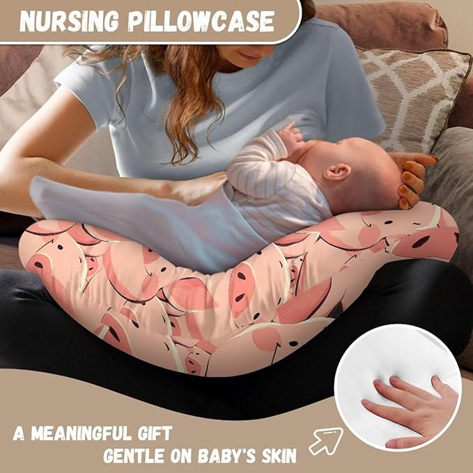 Pink Cartoon Pig Pillowcase for Nursing, Cute Smile Piggy Soft Breastfeeding Nursing Pillows Cover, Modern Farm Animal Stretchy Feeding Pillow Case for Baby Girl and Boys