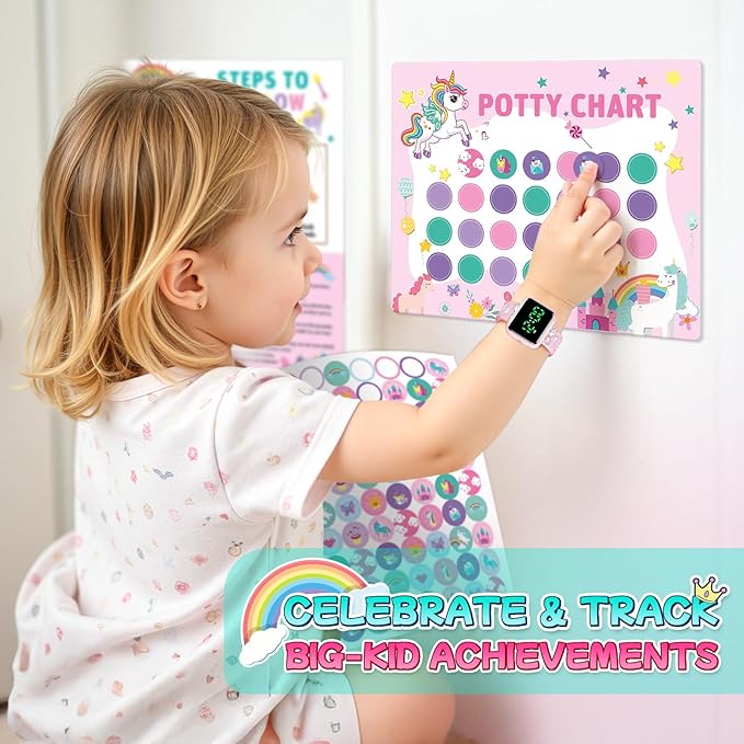 Potty Training Watch & Chart for Toddler Girls: Adjustable Volume Potty Watches for Kids Unicorn Potty Training Chart with Reward Stickers Toilet Training Tools Gifts for Girl (Pink)