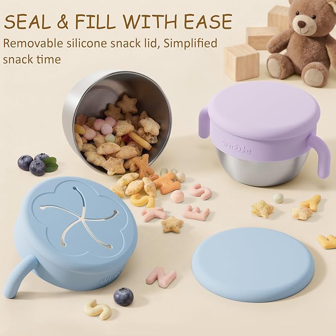 Fimibuke Snack Containers for Toddlers Kids, 12 OZ Spill Proof Stainless Steel Baby Snack Cups with Removable Silicone Food Catcher, Handles & Travel Lid BPA-Free Dishwasher Safe Food Container 2 Pack