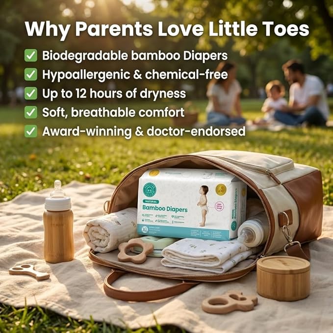 Little Toes Natural Bamboo Disposable Baby Diapers - Hypoallergenic, Sensitive Skin Safe, Patented Viscose, Day & Overnight 100% Absorbency and Leak Protection, Eco Friendly (Size 5 X-Large 36 Count)