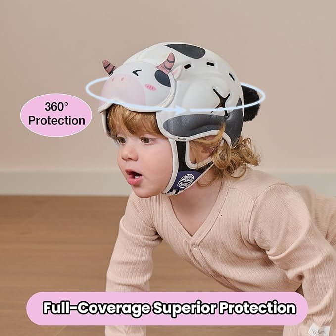 Baby Head Protector Baby Helmet for Crawling and Walking - No Bumps and Soft Safety Peak - Ultra Light and Adjustable Baby Head Protector Suitable for Babies 6-24 Months-Milky Cow
