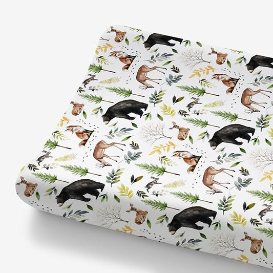HawSkgFub Animals Pine Tree Changing Pad Cover for Baby Girl Boy, Natural Forest Bear Deer Fox Diaper Change Table Covers, Soft Stretchy Safe Snug Fitted Changing Mat Sheets Fit 32"/34" x 16"