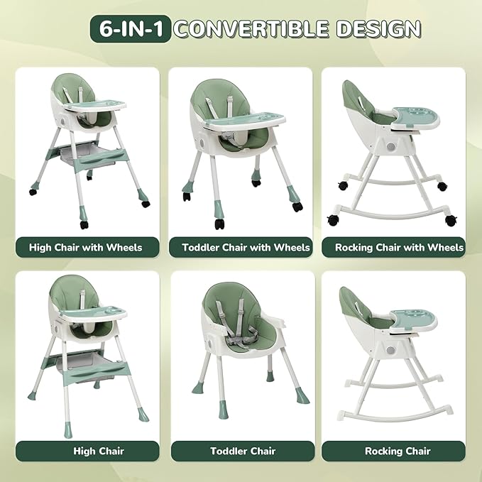 Ktaxon Baby High Chair, 6-in-1 Portable Feeding Rocking Seat with Adjustable Backrest, Removable Tray and 5-Point Safety Harness, Travel Folding Highchair for Toddlers & Babies, Green