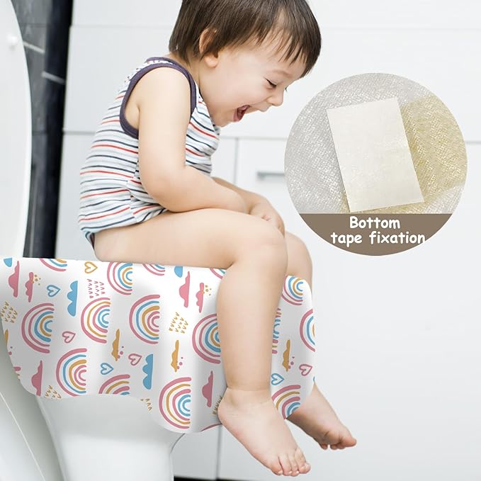 DEEKI 60 Pack Toilet Seat Covers Disposable, Safe No-Slip Waterproof for Kids Toddlers Use in Potty Training Public Restrooms Toilets, Portable Clean Covers for Adults Travel -Rainbow (60 Count)