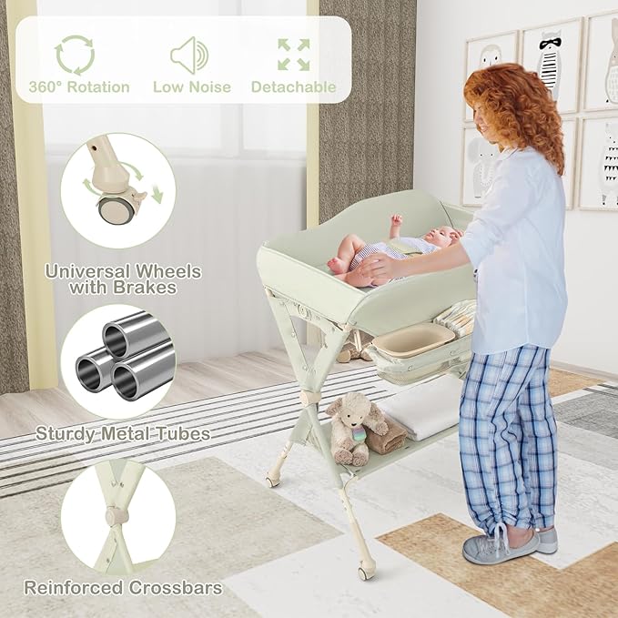 HONEY JOY Changing Table, Folding Mobile Diaper Nursery Organizer w/Wheel, 3 Adjustable Heights, Storage Bag & Open Shelf, Water Basin, Portable Baby Changing Station for Newborn Infant(Green)