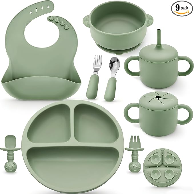 Bufims Silicone Baby Feeding Set, Baby Led Weaning Supplies, Eating Essentials Utensils with Suction Plate and Bowl, Pocket Bib, Sippy Cup with Lid, Forks Spoons Snack Container, for 6+ Months, Green