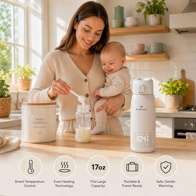 Portable Bottle Warmer for Travel & Night Feeding, Baby Milk Warmer with Built-in Sterilizer, 70 Sec Breast Milk Warming, 2 Min Formula Water Heating, 14,000mAh Battery, 15+ Feeds, 17 oz Capacity