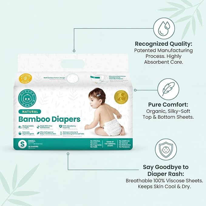 Little Toes Patented Natural Disposable Viscose Diapers ǀ Day and Overnight Diapers ǀ Sustainable | Size 1 Small | 36 Pack