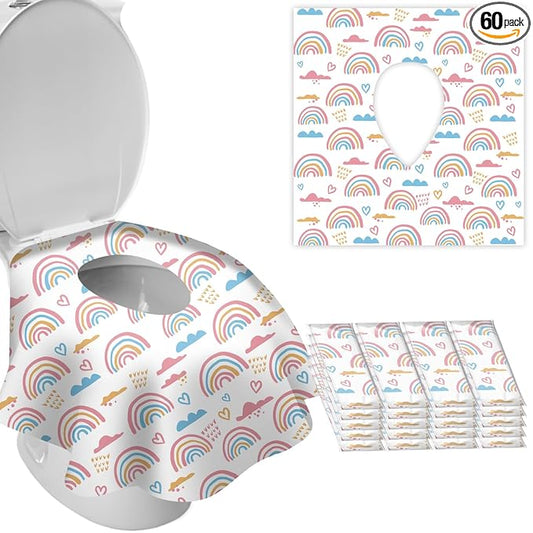 DEEKI 20 Pack Toilet Seat Covers Disposable, Safe No-Slip Waterproof for Kids Toddlers Use in Potty Training Public Restrooms Toilets, Portable Clean Covers for Adults Travel -Rainbow (20 Count)