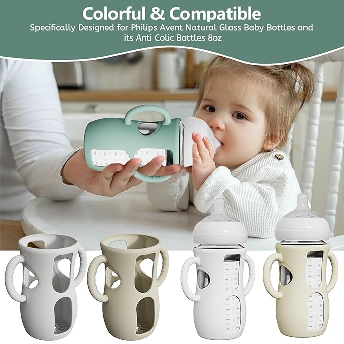 2 Pack Silicone Sleeves with Easy-Grip Handle for Avent Natural Glass Bottles, Anti Breakage Baby Bottle Holder, Compatible with Philips Avent Glass Natural Bottle 8 oz, Not for Infant Use